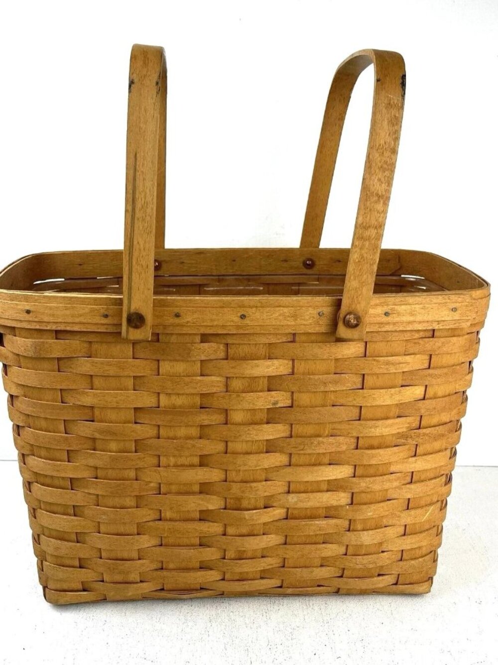 Longaberger 1988 Handwoven Basket Magazine Basket Swinging Handles 13x11x5.5 In